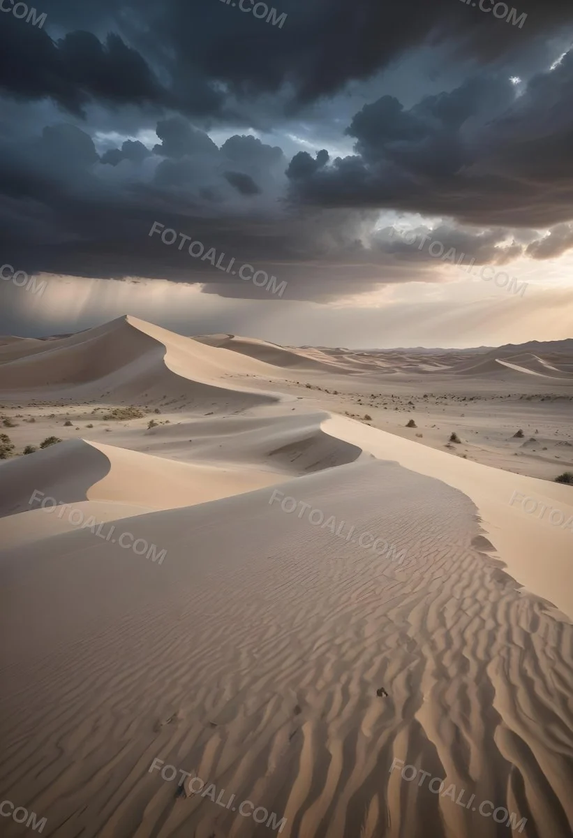 A Vast Desert Landscape With Rippled Sand Dunes Stretching Out Under A Dramatic Cloudy Sky 6 D217