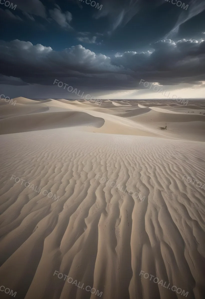 A Vast Desert Landscape With Rippled Sand Dunes Stretching Out Under A Dramatic Cloudy Sky 7 7b12