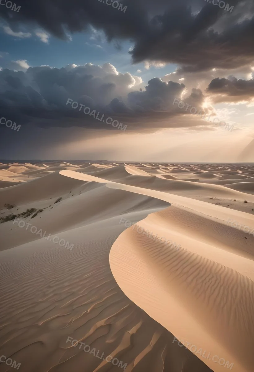 A Vast Desert Landscape With Rippled Sand Dunes Stretching Out Under A Dramatic Cloudy Sky 8 0d17