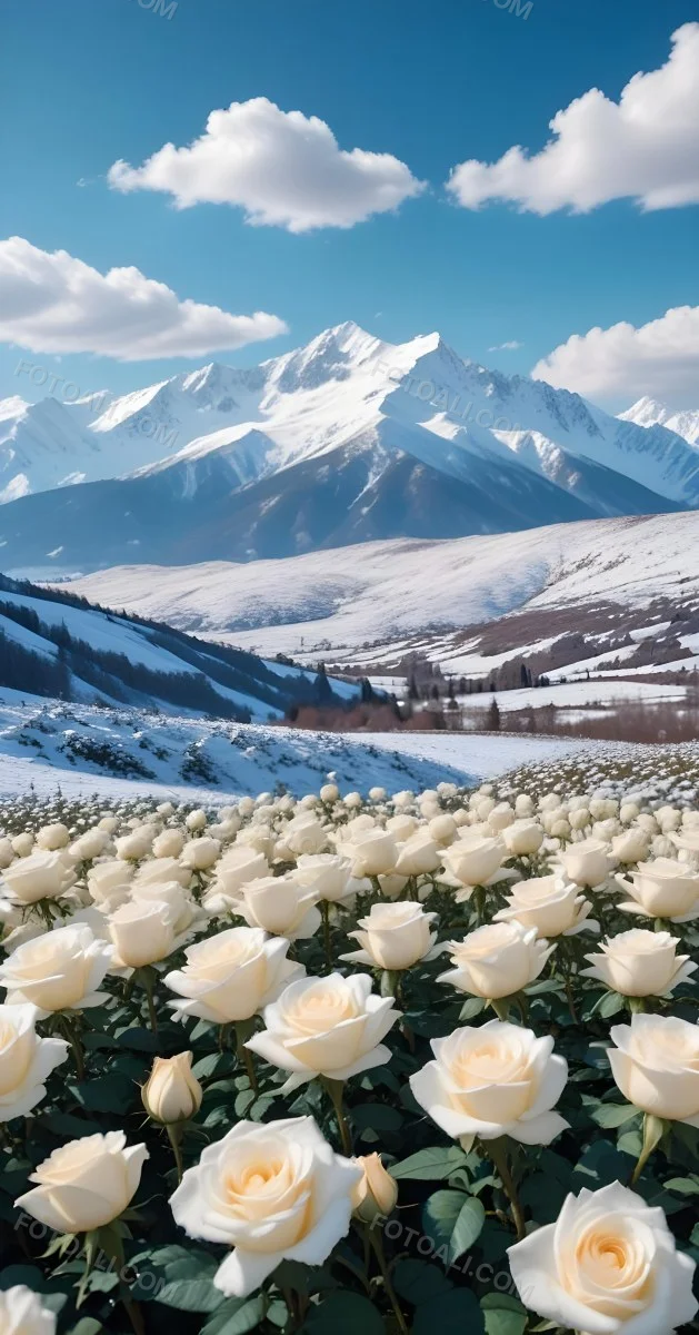 A Vast Field Of White Roses Under A Bright Blue Sky With Fluffy White Clouds In The Background Snow Capped Mountains Are Visible Creating A Picturesque Landscape Filled With Blooming Flowers 10 Cd6a