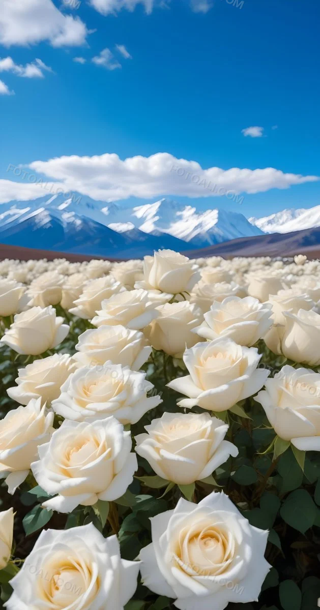 A Vast Field Of White Roses Under A Bright Blue Sky With Fluffy White Clouds In The Background Snow Capped Mountains Are Visible Creating A Picturesque Landscape Filled With Blooming Flowers 11 59d1