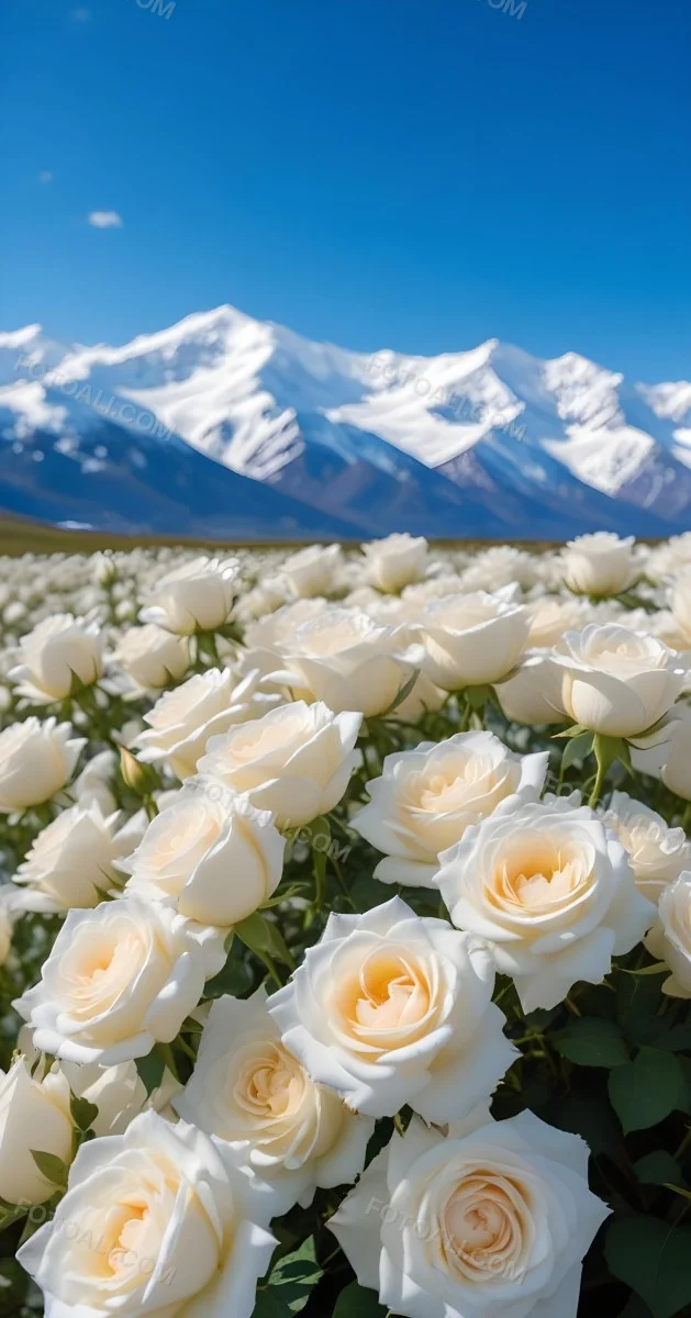 A Vast Field Of White Roses Under A Bright Blue Sky With Fluffy White Clouds In The Background Snow Capped Mountains Are Visible Creating A Picturesque Landscape Filled With Blooming Flowers 14 B94c