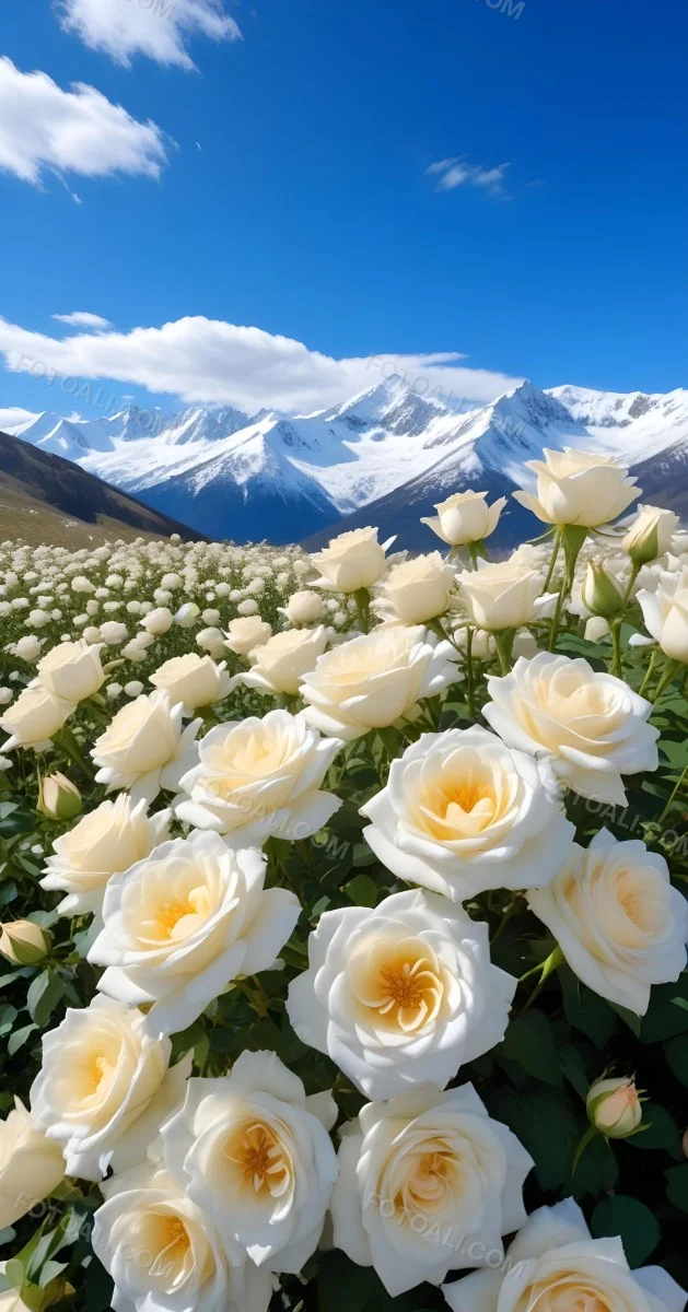 A Vast Field Of White Roses Under A Bright Blue Sky With Fluffy White Clouds In The Background Snow Capped Mountains Are Visible Creating A Picturesque Landscape Filled With Blooming Flowers 17 E891