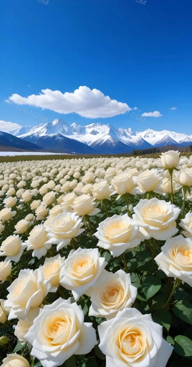 A Vast Field Of White Roses Under A Bright Blue Sky With Fluffy White Clouds In The Background Snow Capped Mountains Are Visible Creating A Picturesque Landscape Filled With Blooming Flowers 18 8183