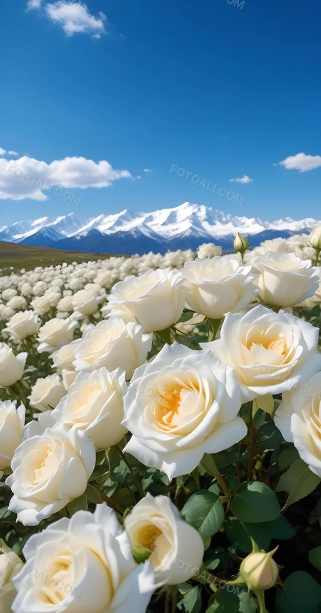 A Vast Field Of White Roses Under A Bright Blue Sky With Fluffy White Clouds In The Background Snow Capped Mountains Are Visible Creating A Picturesque Landscape Filled With Blooming Flowers 2 82ba