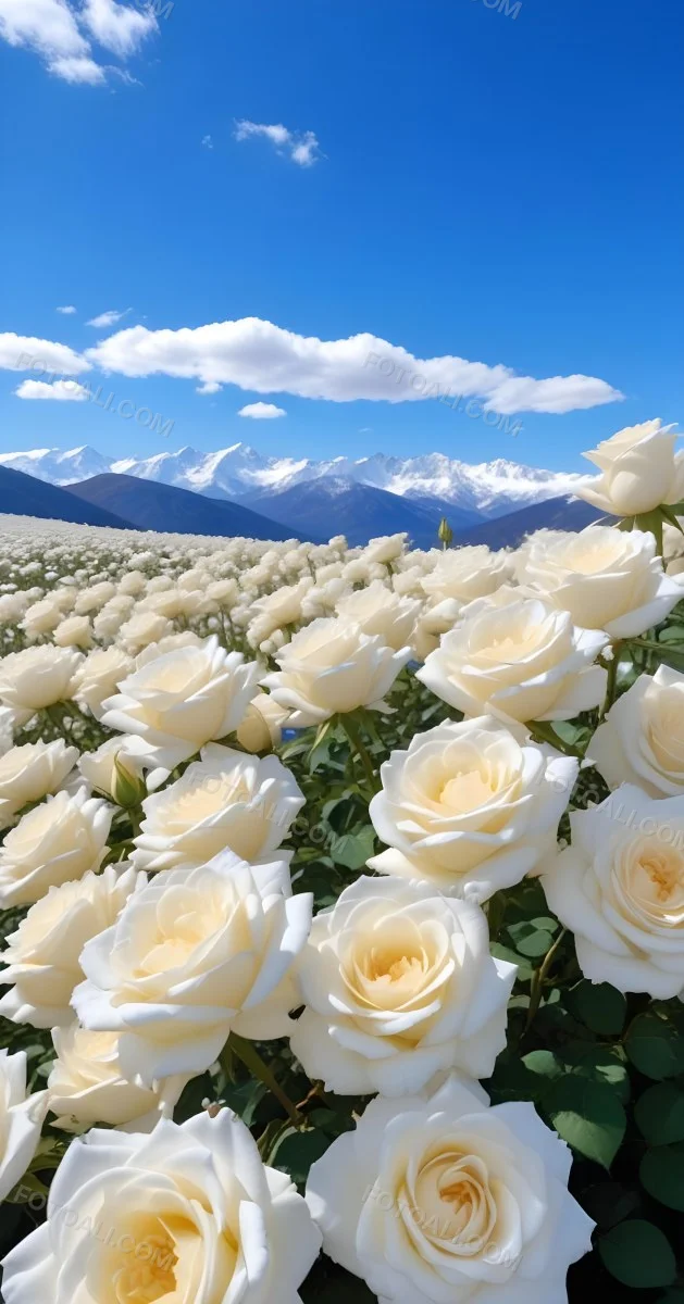 A Vast Field Of White Roses Under A Bright Blue Sky With Fluffy White Clouds In The Background Snow Capped Mountains Are Visible Creating A Picturesque Landscape Filled With Blooming Flowers 22 093e