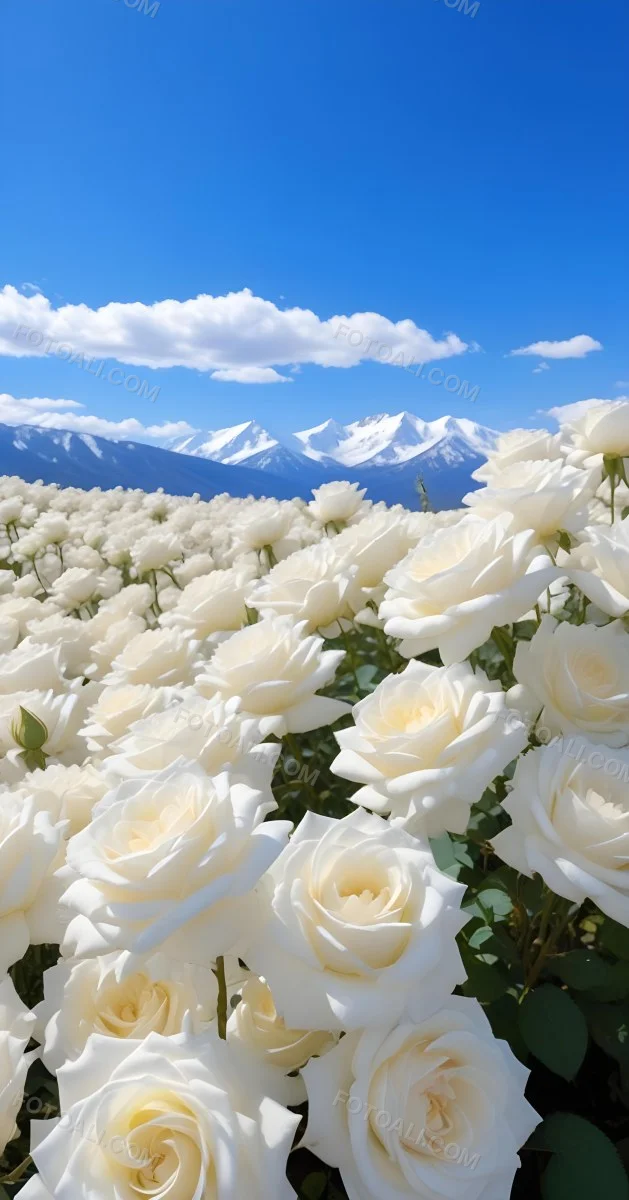 A Vast Field Of White Roses Under A Bright Blue Sky With Fluffy White Clouds In The Background Snow Capped Mountains Are Visible Creating A Picturesque Landscape Filled With Blooming Flowers 24 D3ac
