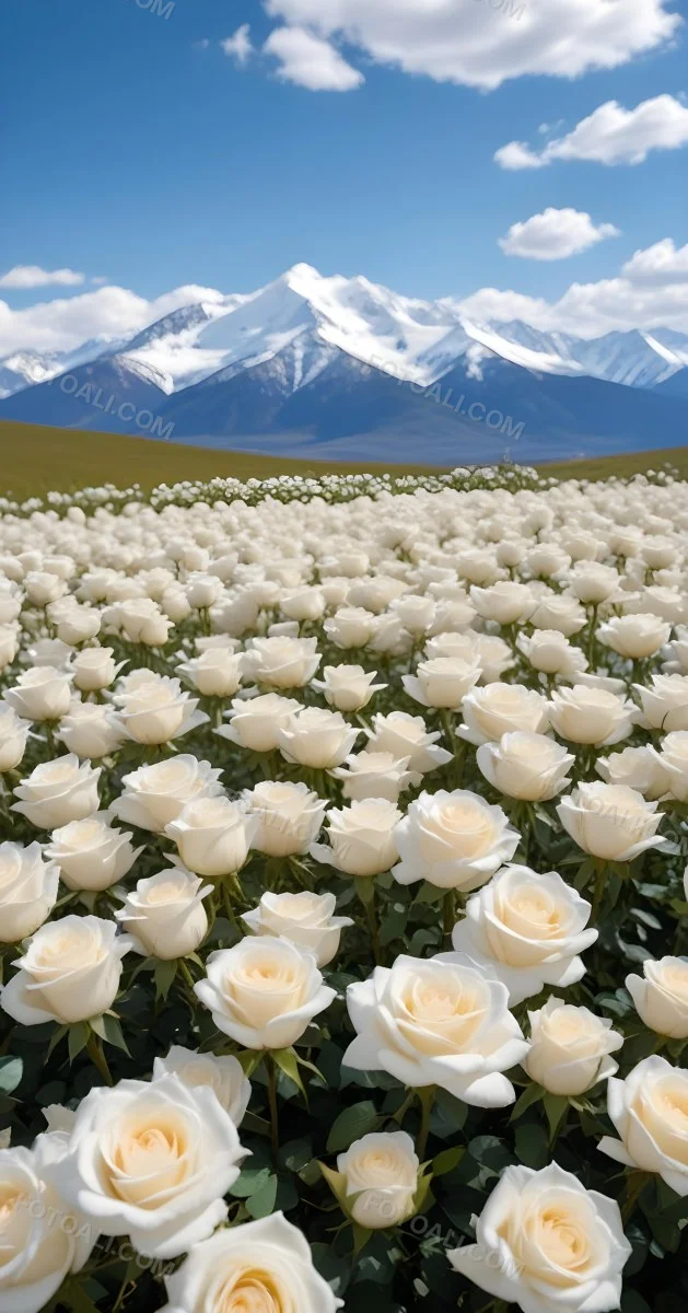 A Vast Field Of White Roses Under A Bright Blue Sky With Fluffy White Clouds In The Background Snow Capped Mountains Are Visible Creating A Picturesque Landscape Filled With Blooming Flowers 3 A6d0