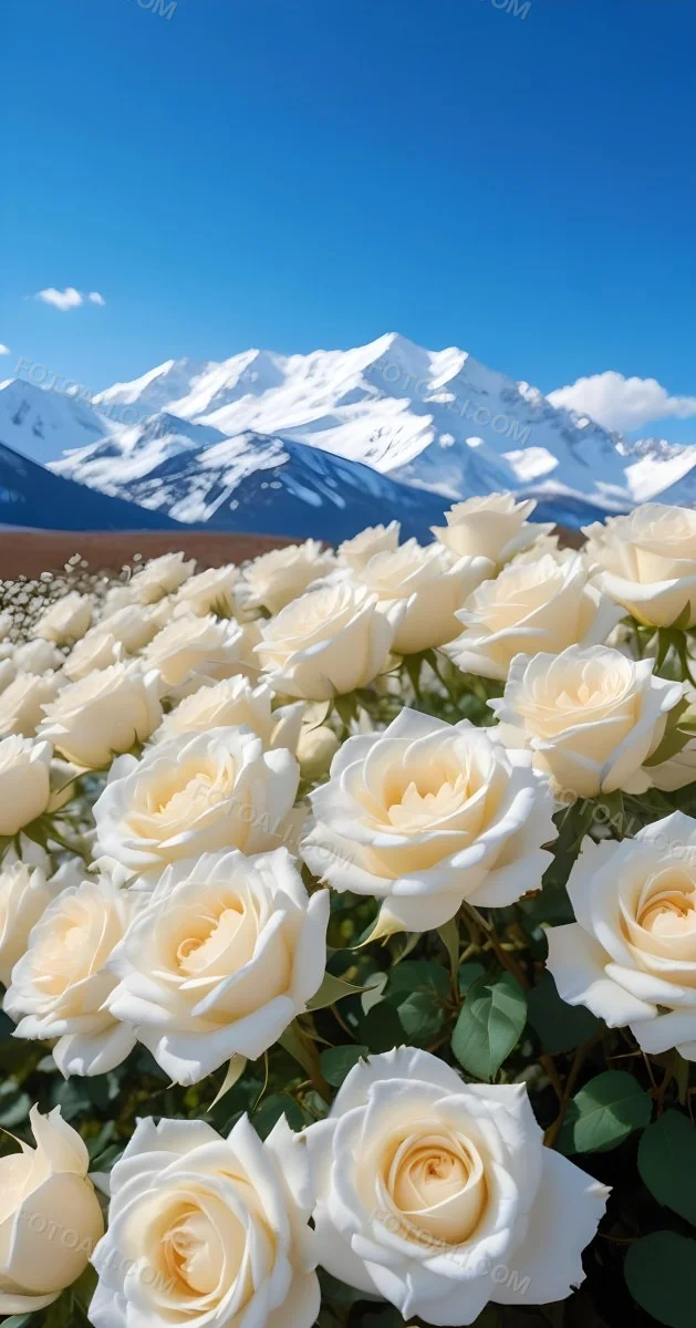 A Vast Field Of White Roses Under A Bright Blue Sky With Fluffy White Clouds In The Background Snow Capped Mountains Are Visible Creating A Picturesque Landscape Filled With Blooming Flowers 5 Bb96