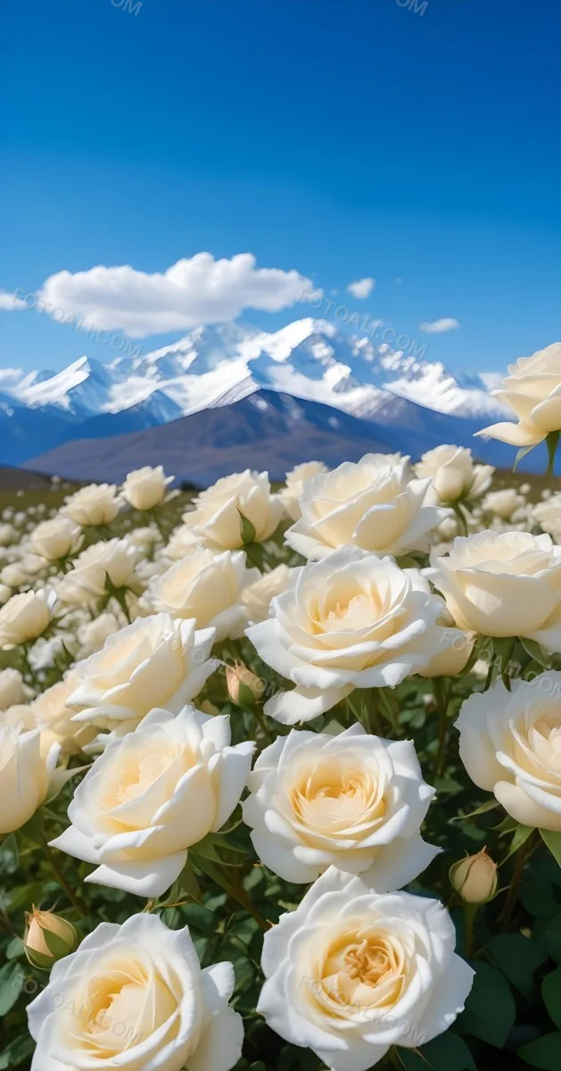 A Vast Field Of White Roses Under A Bright Blue Sky With Fluffy White Clouds In The Background Snow Capped Mountains Are Visible Creating A Picturesque Landscape Filled With Blooming Flowers 6 8297