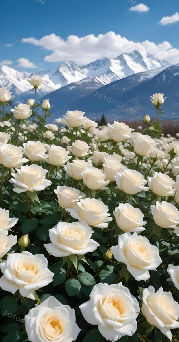 A Vast Field Of White Roses Under A Bright Blue Sky With Fluffy White Clouds In The Background Snow Capped Mountains Are Visible Creating A Picturesque Landscape Filled With Blooming Flowers 7 6fe0
