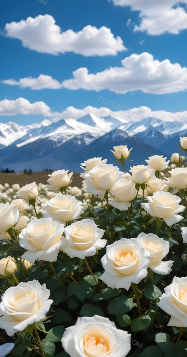 A Vast Field Of White Roses Under A Bright Blue Sky With Fluffy White Clouds In The Background Snow Capped Mountains Are Visible Creating A Picturesque Landscape Filled With Blooming Flowers 9 9b19