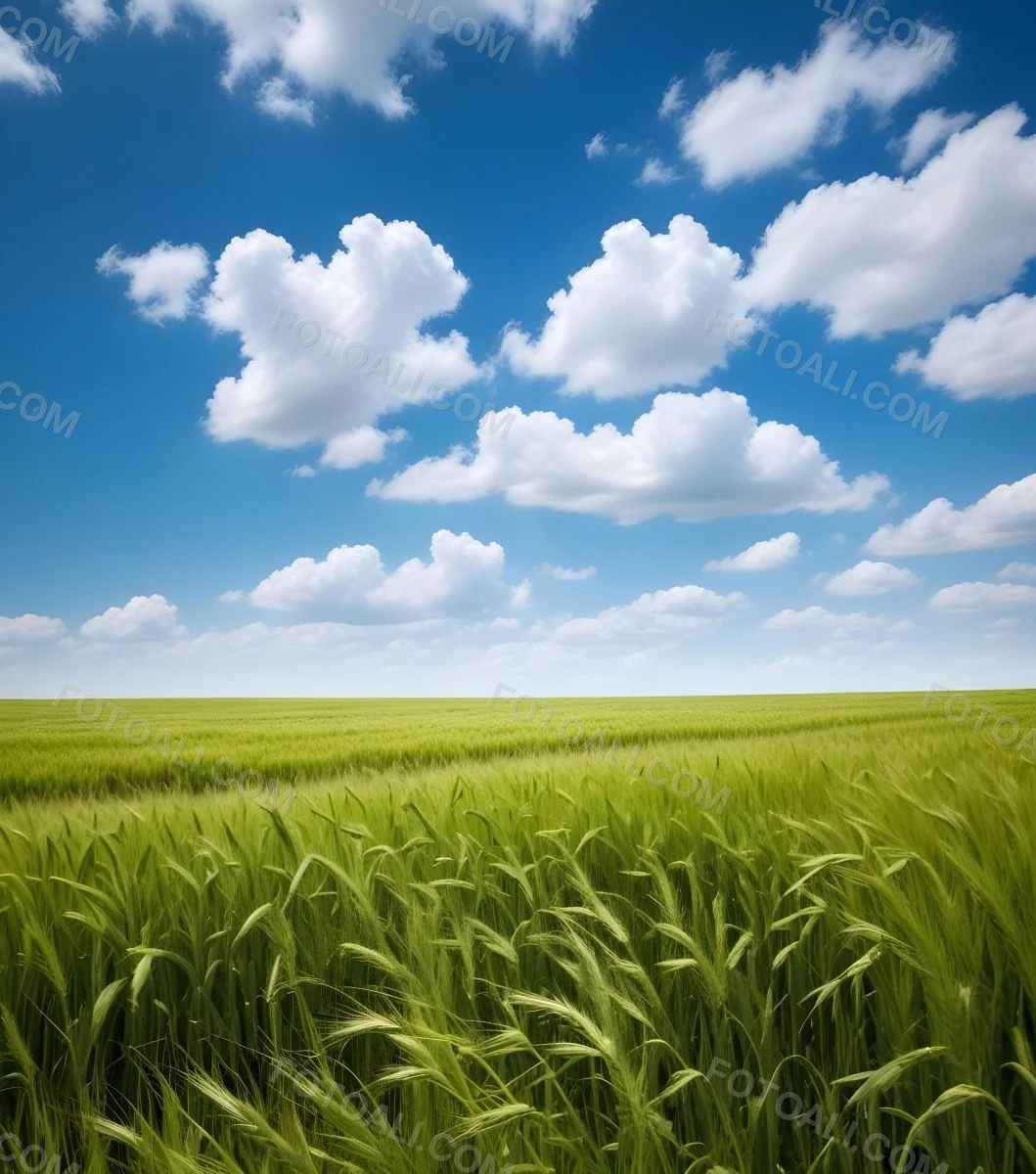 A Vast Green Wheat Field Under A Bright Blue Sky With Fluffy White Clouds 13 3d2e