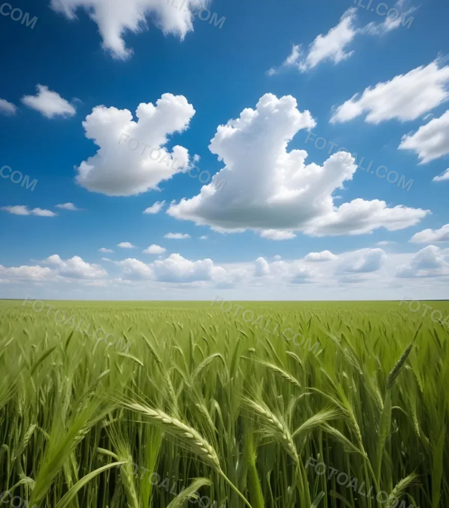 A Vast Green Wheat Field Under A Bright Blue Sky With Fluffy White Clouds 25 718c