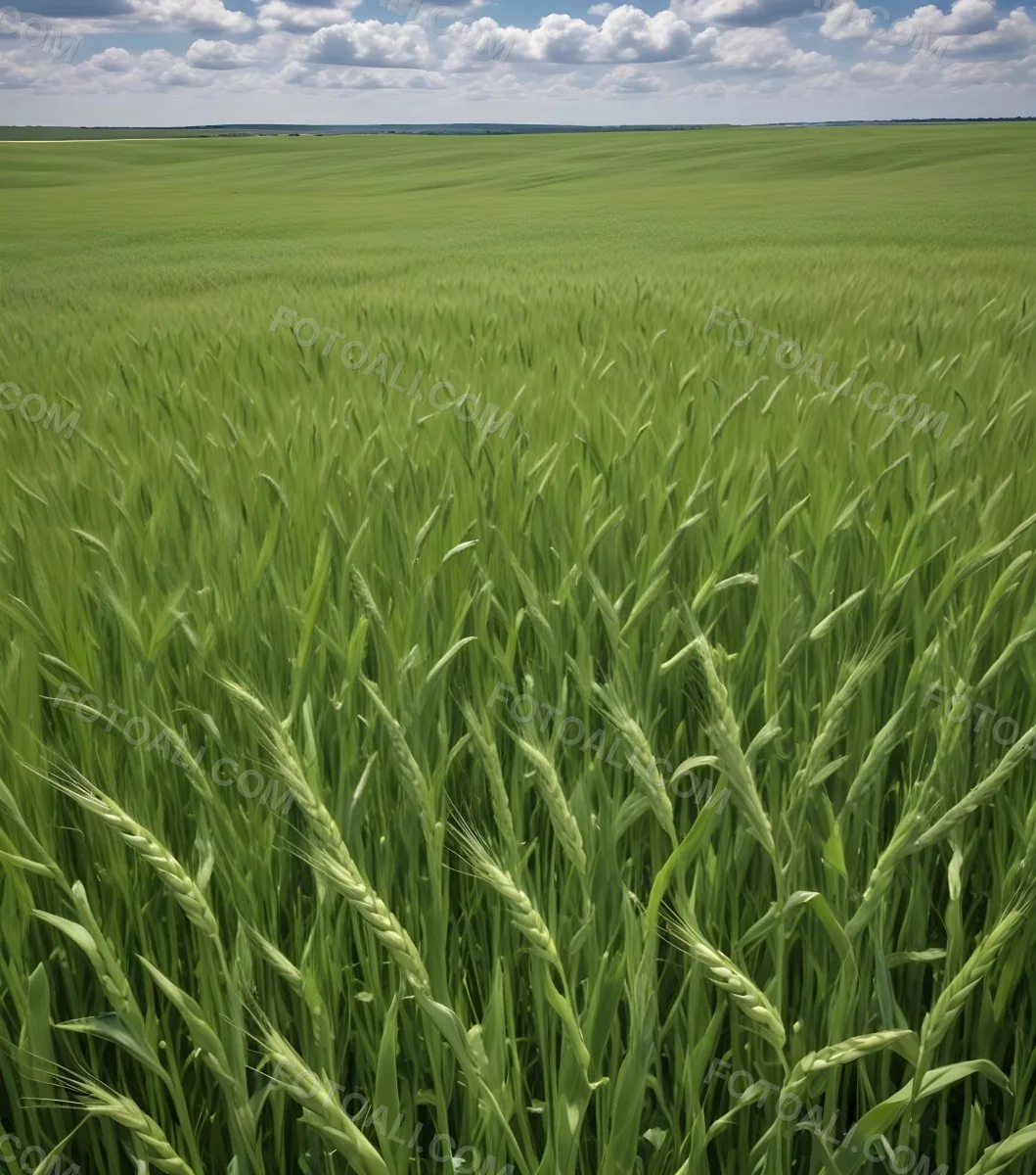 A Vast Green Wheat Field Under A Bright Blue Sky With Fluffy White Clouds 29 B1fb