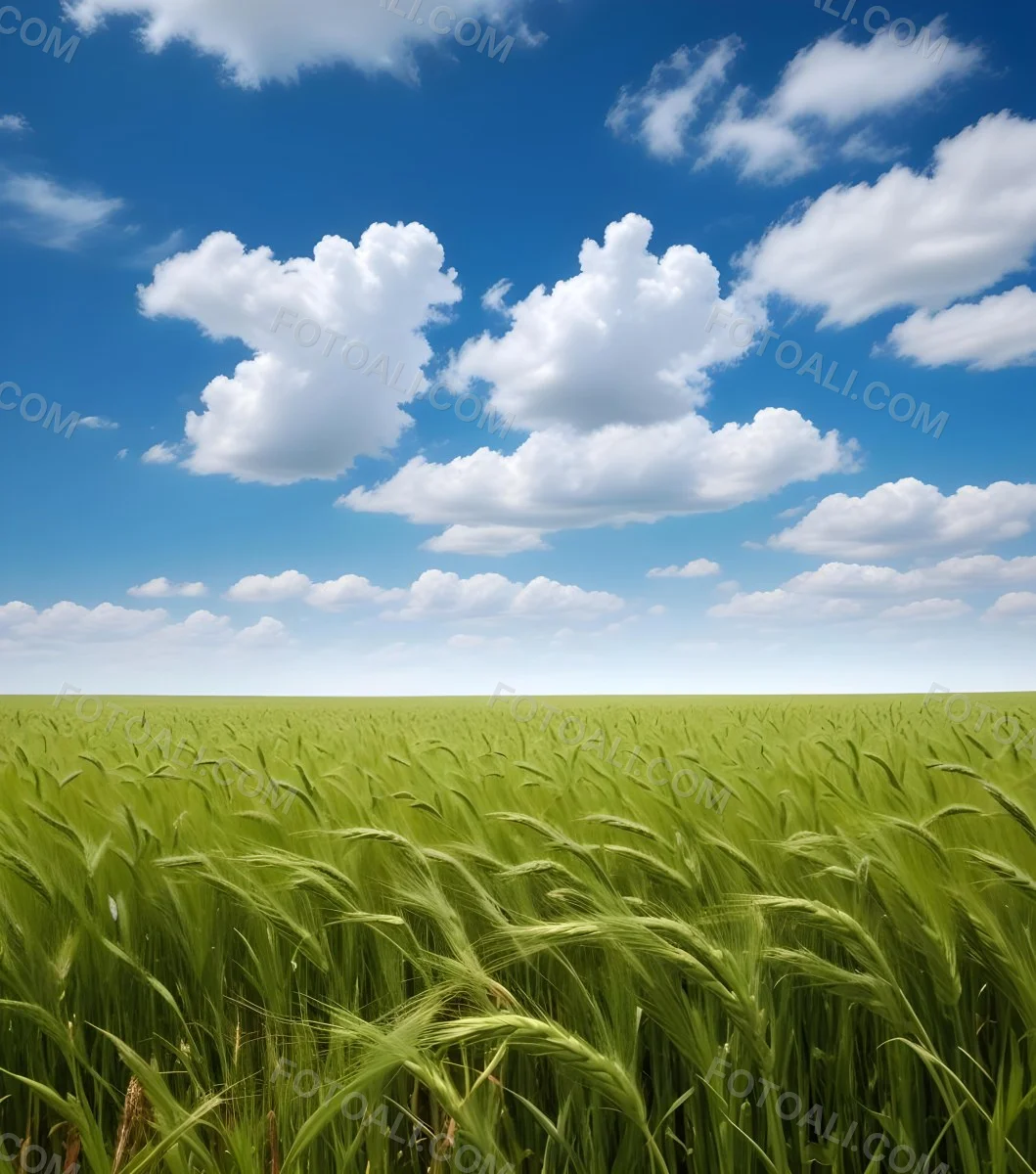 A Vast Green Wheat Field Under A Bright Blue Sky With Fluffy White Clouds 3 D6d9