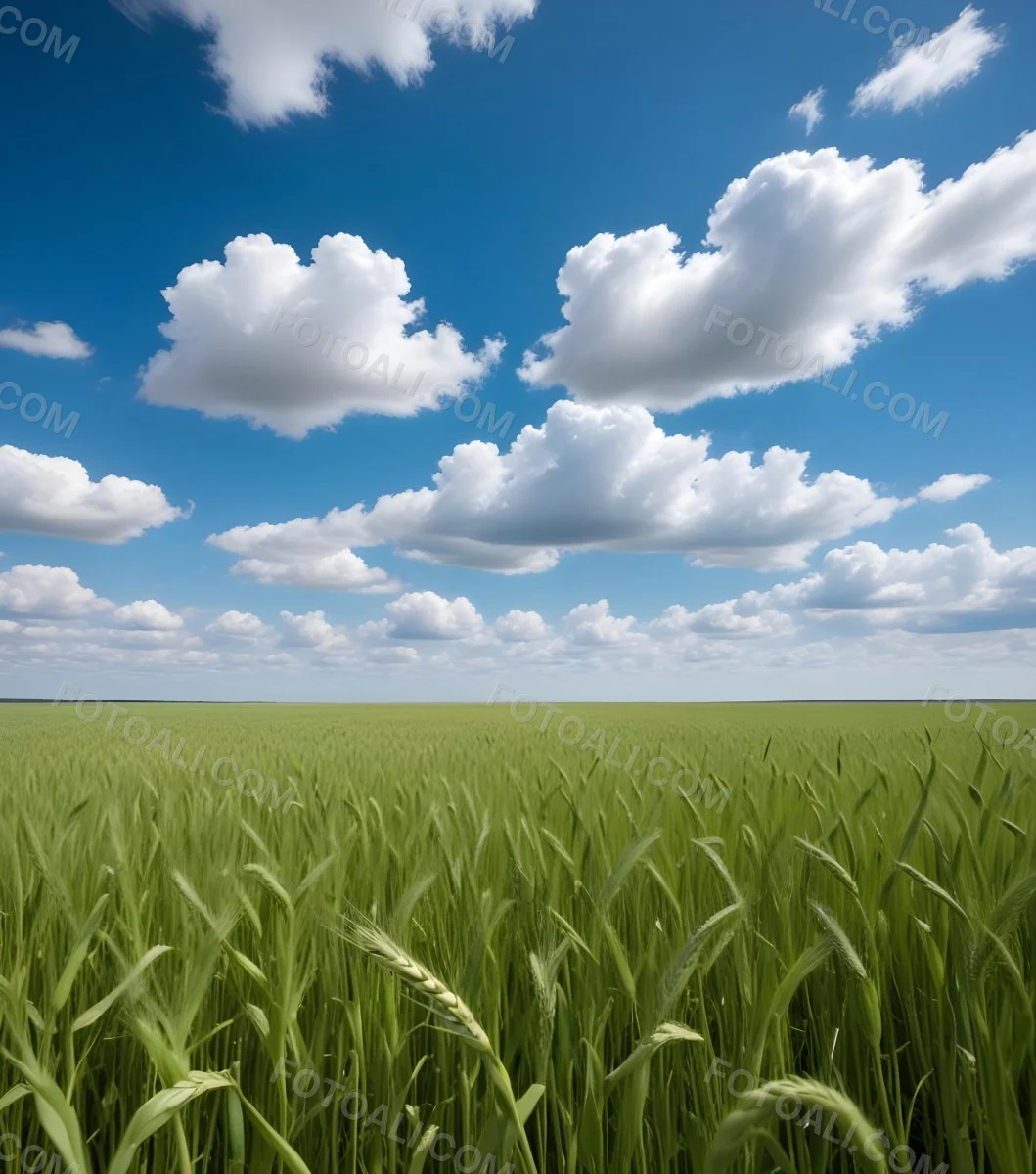 A Vast Green Wheat Field Under A Bright Blue Sky With Fluffy White Clouds 34 F5cc