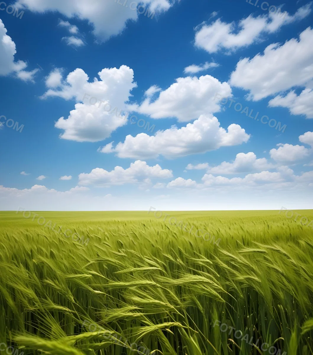 A Vast Green Wheat Field Under A Bright Blue Sky With Fluffy White Clouds 4 Dd79