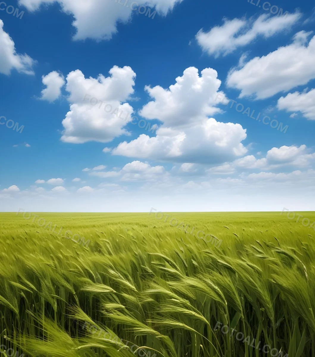 A Vast Green Wheat Field Under A Bright Blue Sky With Fluffy White Clouds 6 0eaf