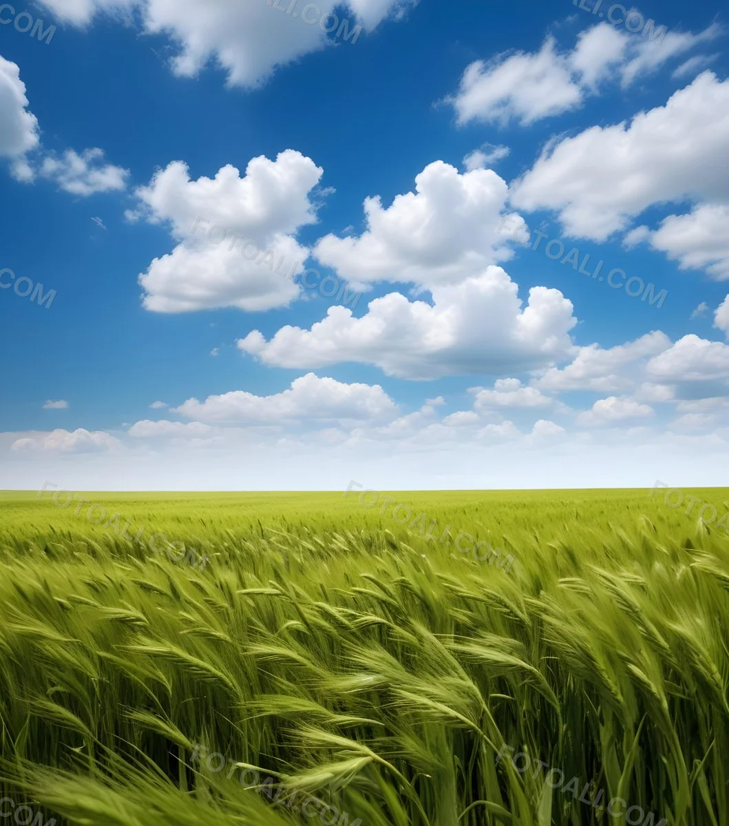 A Vast Green Wheat Field Under A Bright Blue Sky With Fluffy White Clouds 7 D5b4