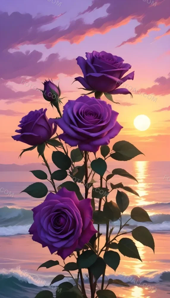 A Vertical Arrangement Of Purple Roses With Green Leaves Against A Backdrop Of A Sunset Over The Ocean With The Sun Reflecting On The Water 1 1926