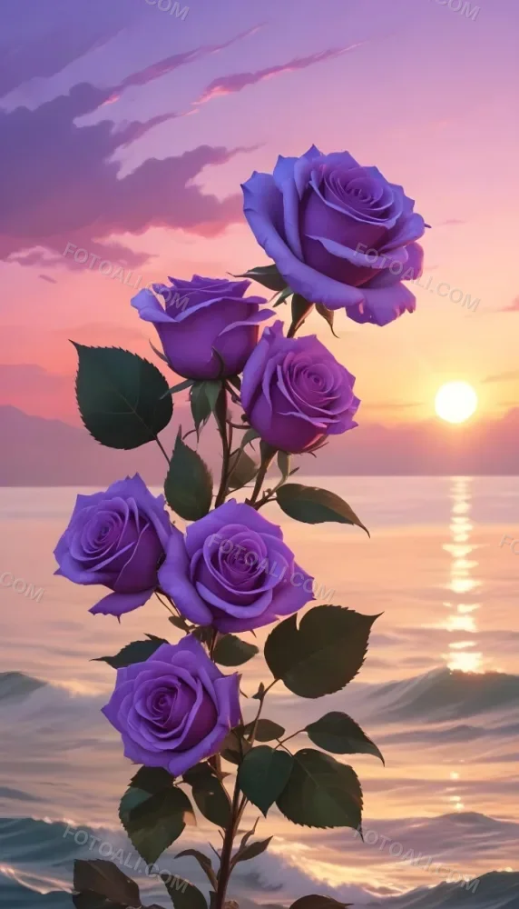 A Vertical Arrangement Of Purple Roses With Green Leaves Against A Backdrop Of A Sunset Over The Ocean With The Sun Reflecting On The Water 11 8eae