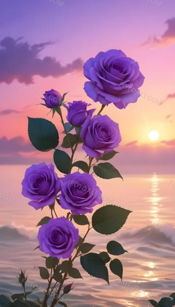 A Vertical Arrangement Of Purple Roses With Green Leaves Against A Backdrop Of A Sunset Over The Ocean With The Sun Reflecting On The Water 15 9c2f
