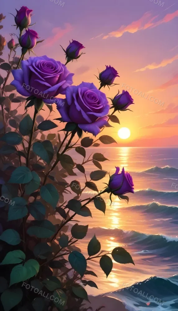 A Vertical Arrangement Of Purple Roses With Green Leaves Against A Backdrop Of A Sunset Over The Ocean With The Sun Reflecting On The Water 20 Aecb