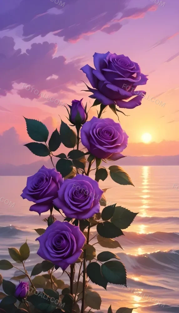 A Vertical Arrangement Of Purple Roses With Green Leaves Against A Backdrop Of A Sunset Over The Ocean With The Sun Reflecting On The Water 22 D8cc