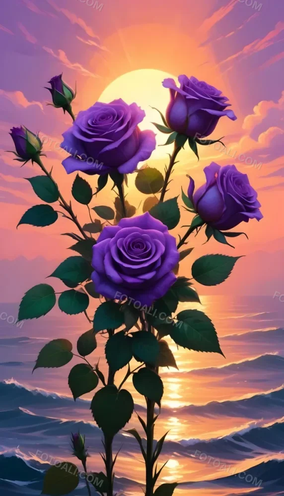A Vertical Arrangement Of Purple Roses With Green Leaves Against A Backdrop Of A Sunset Over The Ocean With The Sun Reflecting On The Water 26 11b5