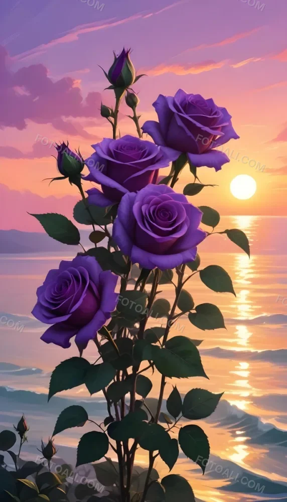 A Vertical Arrangement Of Purple Roses With Green Leaves Against A Backdrop Of A Sunset Over The Ocean With The Sun Reflecting On The Water 3 A79b