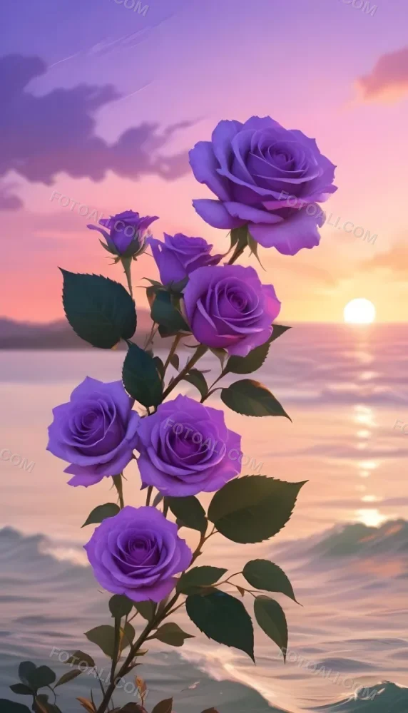 A Vertical Arrangement Of Purple Roses With Green Leaves Against A Backdrop Of A Sunset Over The Ocean With The Sun Reflecting On The Water 5 C628