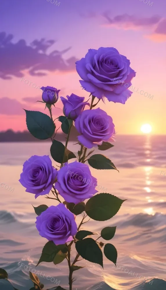 A Vertical Arrangement Of Purple Roses With Green Leaves Against A Backdrop Of A Sunset Over The Ocean With The Sun Reflecting On The Water 7 0b3f