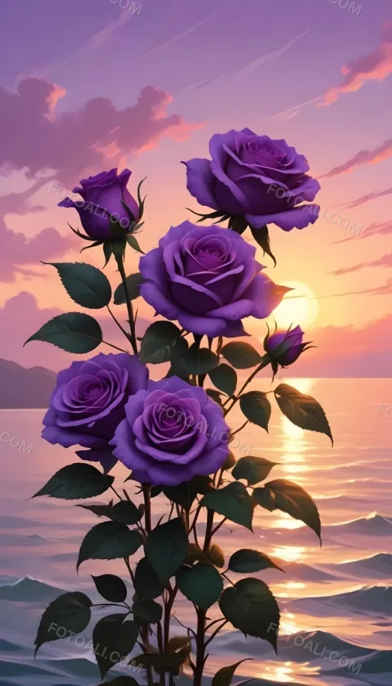 A Vertical Arrangement Of Purple Roses With Green Leaves Against A Backdrop Of A Sunset Over The Ocean With The Sun Reflecting On The Water 8 2b0c