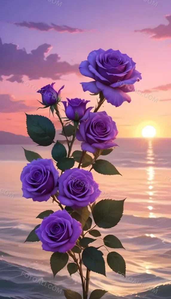 A Vertical Arrangement Of Purple Roses With Green Leaves Against A Backdrop Of A Sunset Over The Ocean With The Sun Reflecting On The Water 9 5a0f
