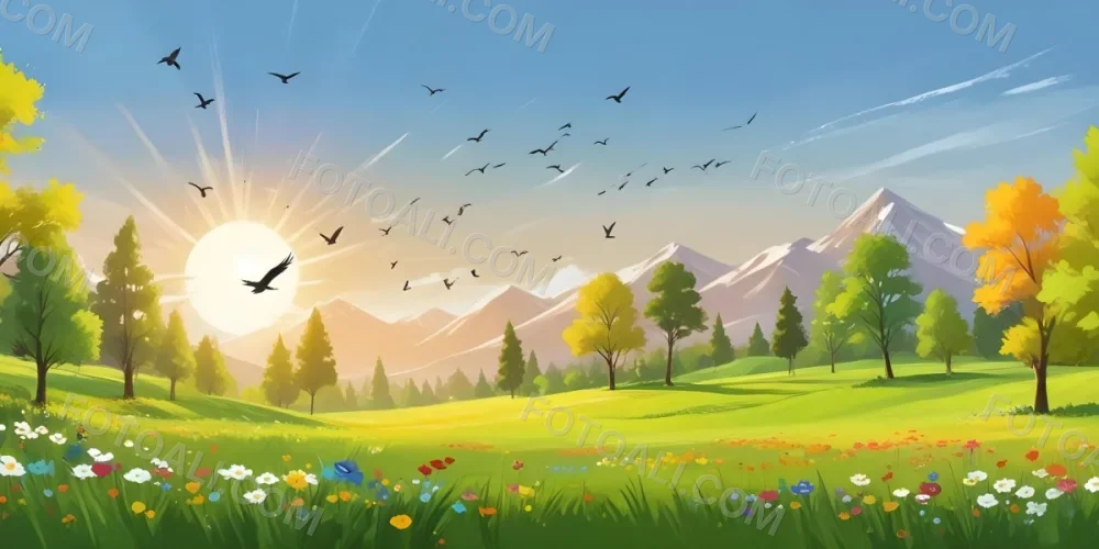 A Vibrant Green Field With Colorful Flowers A Few Trees And Birds Flying In The Sky With Mountains In The Background And A Bright Sun 1 3ee7