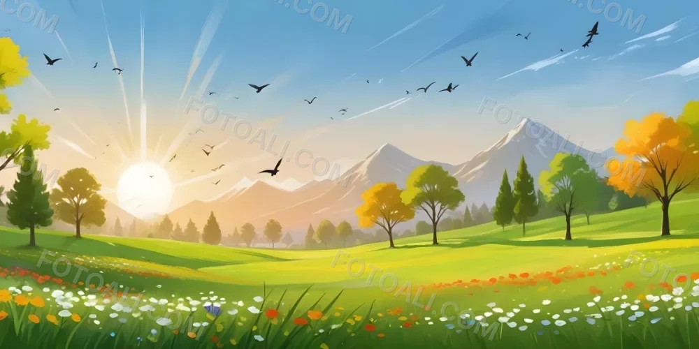 A Vibrant Green Field With Colorful Flowers A Few Trees And Birds Flying In The Sky With Mountains In The Background And A Bright Sun 10 895d