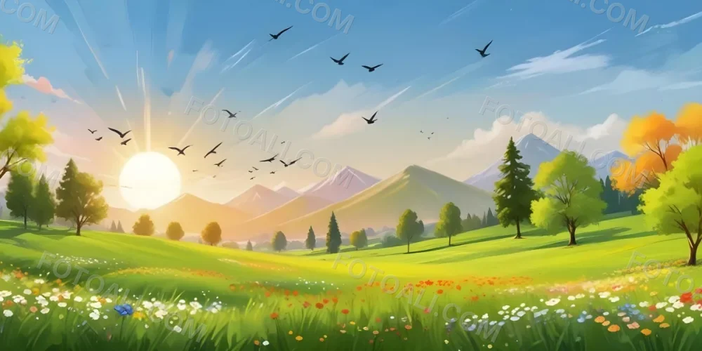 A Vibrant Green Field With Colorful Flowers A Few Trees And Birds Flying In The Sky With Mountains In The Background And A Bright Sun 11 E0b4