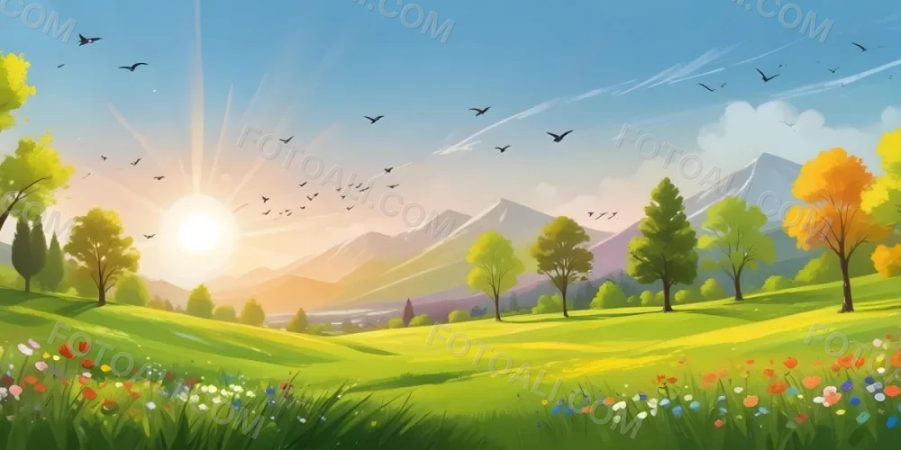 A Vibrant Green Field With Colorful Flowers A Few Trees And Birds Flying In The Sky With Mountains In The Background And A Bright Sun 12 784d
