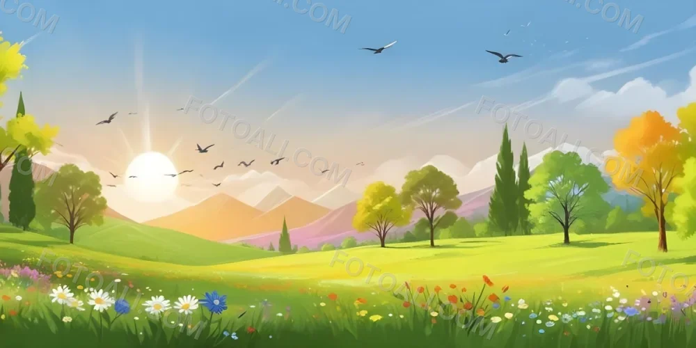 A Vibrant Green Field With Colorful Flowers A Few Trees And Birds Flying In The Sky With Mountains In The Background And A Bright Sun 13 Af83