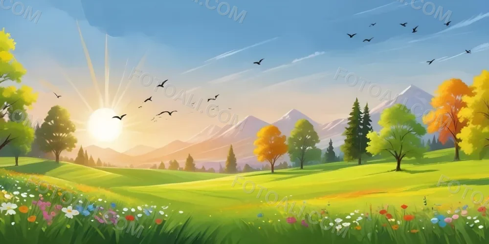 A Vibrant Green Field With Colorful Flowers A Few Trees And Birds Flying In The Sky With Mountains In The Background And A Bright Sun 2 6d26