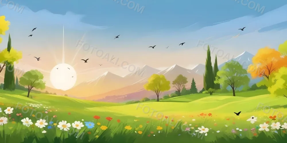 A Vibrant Green Field With Colorful Flowers A Few Trees And Birds Flying In The Sky With Mountains In The Background And A Bright Sun 3 7ace