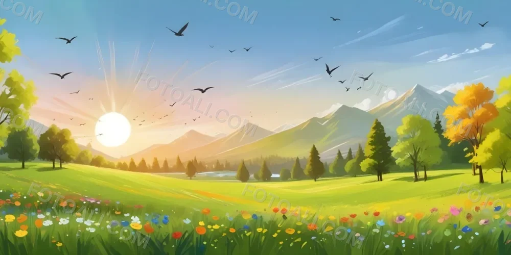 A Vibrant Green Field With Colorful Flowers A Few Trees And Birds Flying In The Sky With Mountains In The Background And A Bright Sun 4 089e