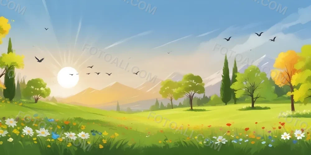 A Vibrant Green Field With Colorful Flowers A Few Trees And Birds Flying In The Sky With Mountains In The Background And A Bright Sun 5 B63a