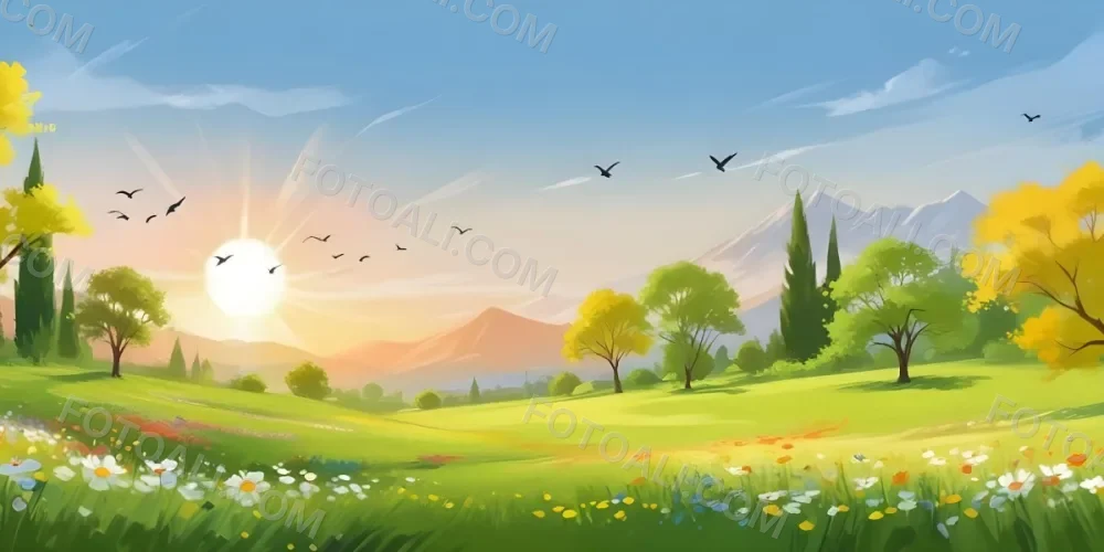A Vibrant Green Field With Colorful Flowers A Few Trees And Birds Flying In The Sky With Mountains In The Background And A Bright Sun 6 79c1