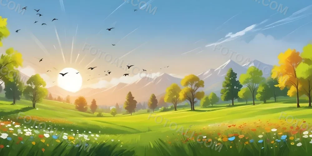 A Vibrant Green Field With Colorful Flowers A Few Trees And Birds Flying In The Sky With Mountains In The Background And A Bright Sun 7 2feb