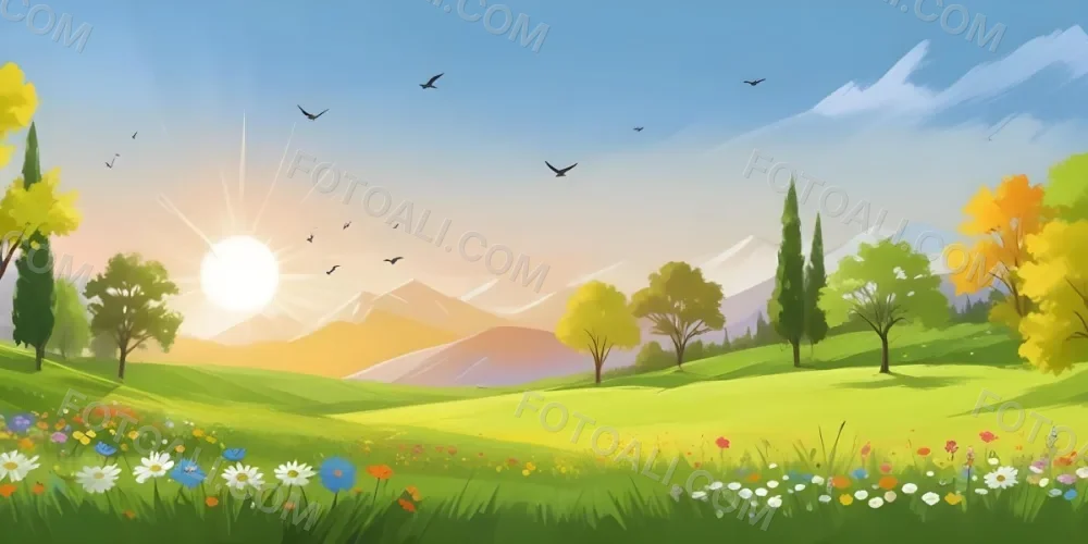 A Vibrant Green Field With Colorful Flowers A Few Trees And Birds Flying In The Sky With Mountains In The Background And A Bright Sun 8 A6d4