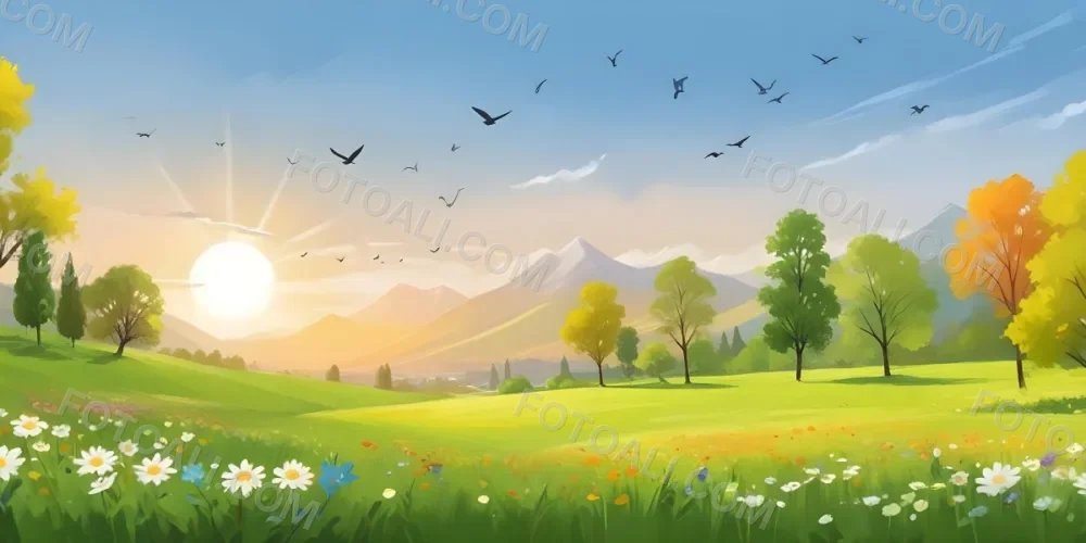 A Vibrant Green Field With Colorful Flowers A Few Trees And Birds Flying In The Sky With Mountains In The Background And A Bright Sun 9 D22a