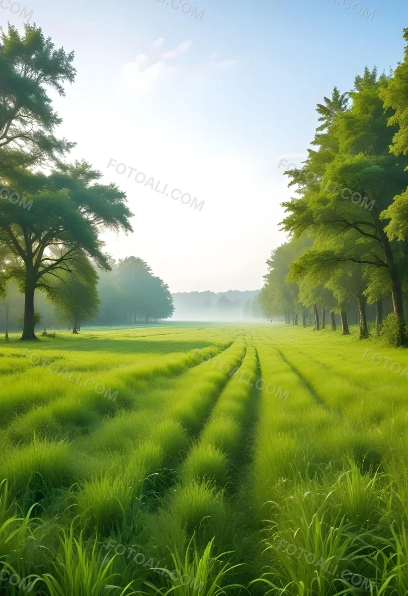 A Vibrant Green Field With Lush Grass Flanked By Tall Trees With Green Leaves Leading To A Bright Hazy Horizon In A Natural Environment 18 E1b3