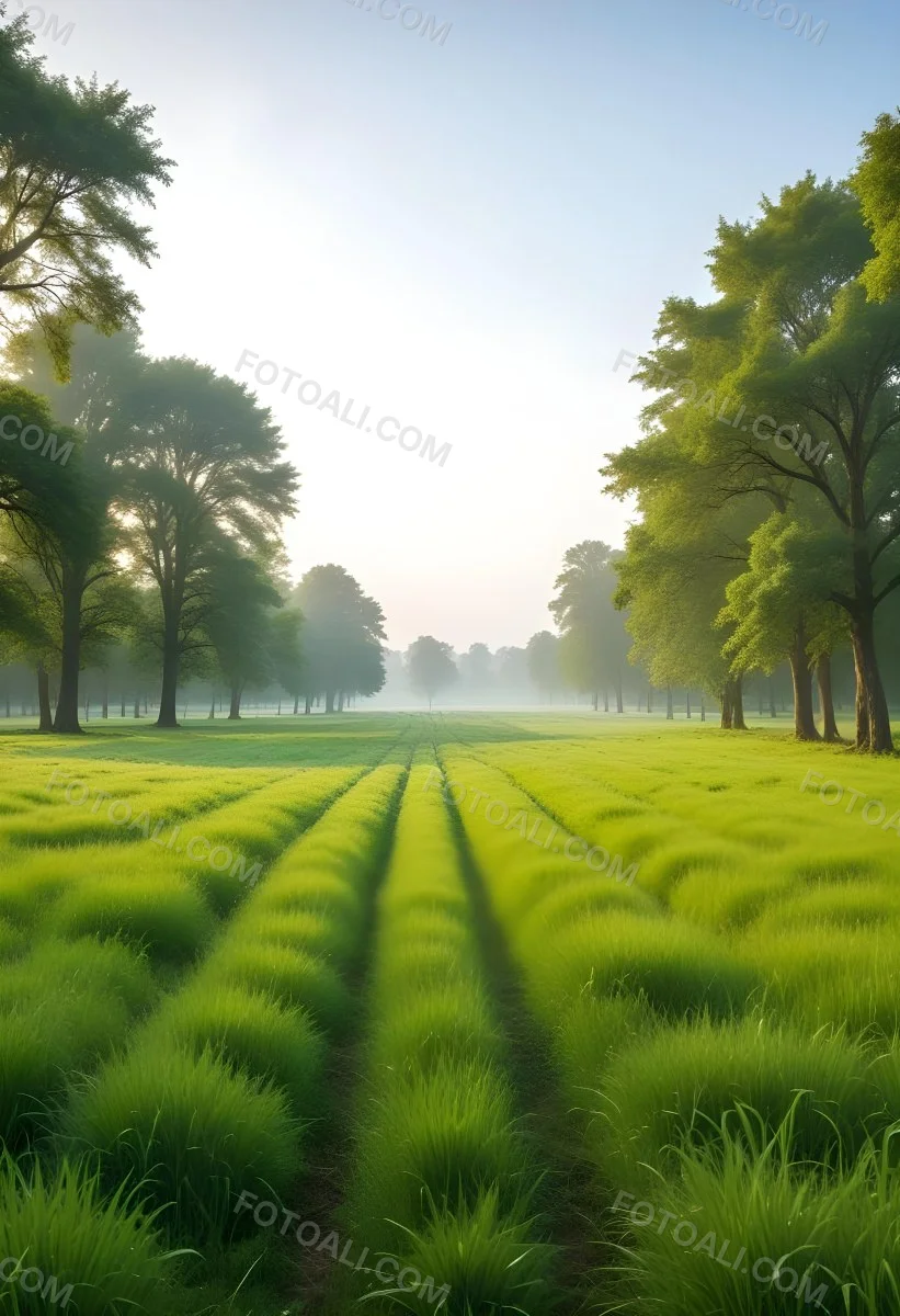 A Vibrant Green Field With Lush Grass Flanked By Tall Trees With Green Leaves Leading To A Bright Hazy Horizon In A Natural Environment 19 Eb8b